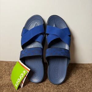 NWT Crocs Anna Slide Sandals Women’s Size 10 Blue Leopard Print‎ Relaxed Fit